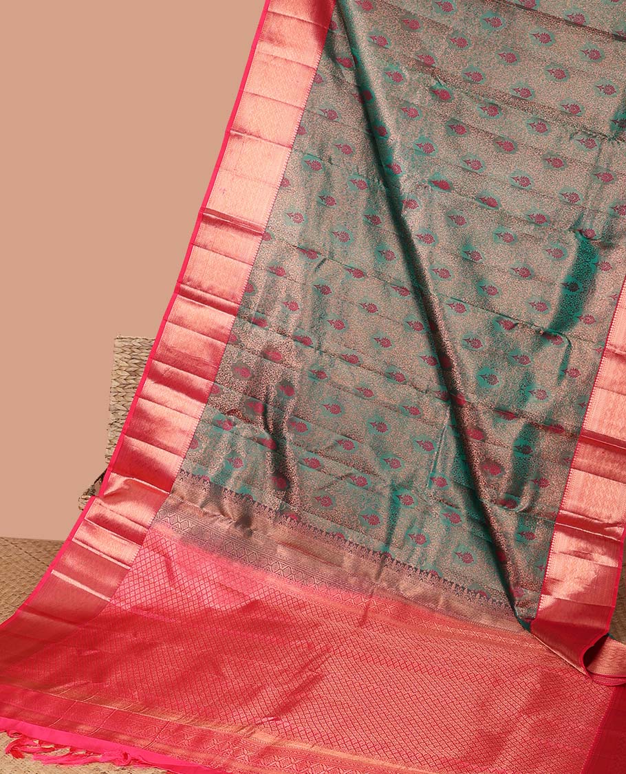 Green floral jacquard kancheepuram silk saree with contrast zari border & argyle zari design pallu