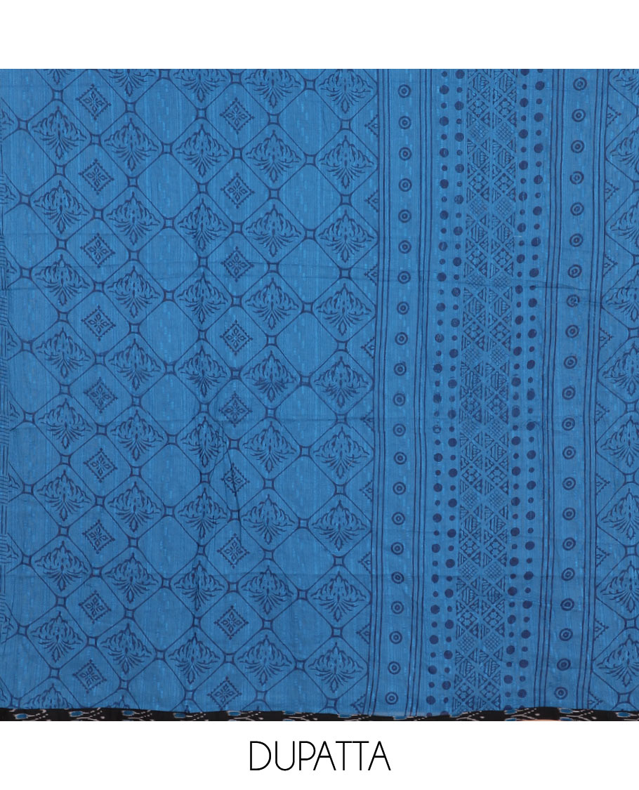 Black with blue ikkat print fancy neck, katha work flex cotton chudidhar material top with cotton pants & negative print dupatta