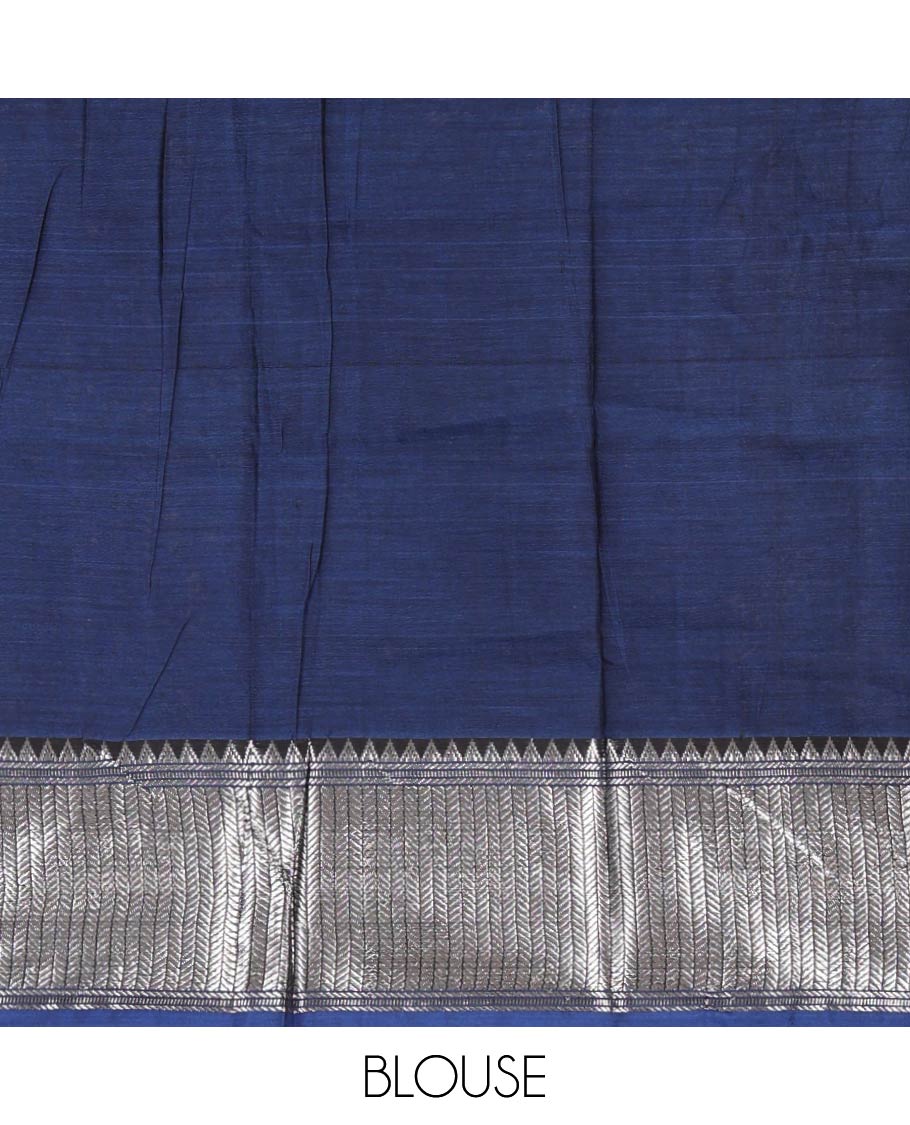 Navy blue-mustard Mercerised cotton half-saree, plain & contrast temple geometric border skirt, matching blouse & contrast zari border Vichitra silk dhavani