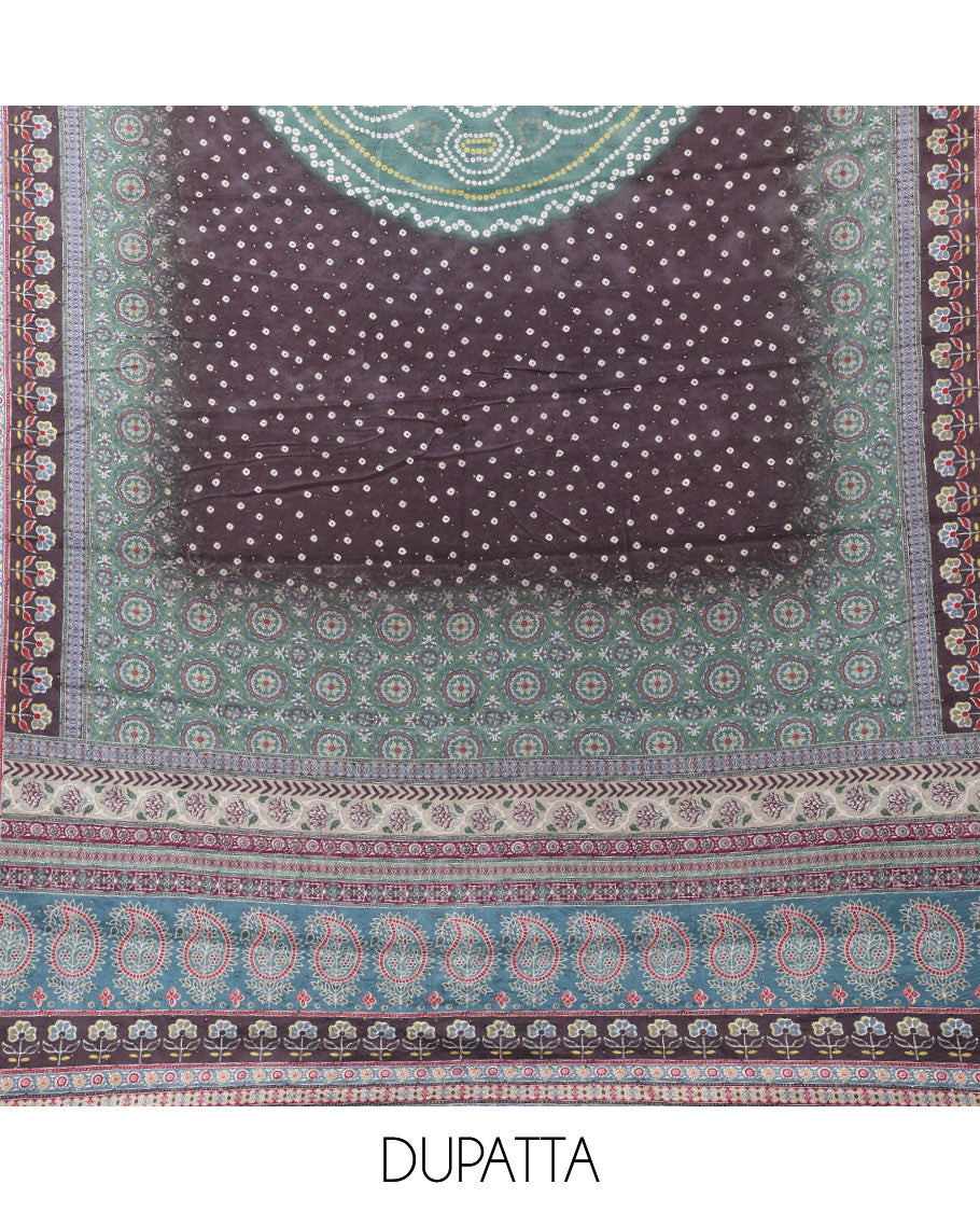 Bottle green crepe chudidar material set, ajrakh-print with daman floral design top, plain bottom & dupatta of bandhani dots & ajrakh-style print
