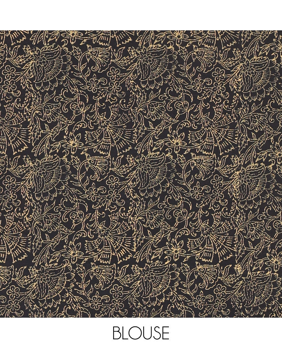 Yellow elephant motifs block printed South cotton saree, chevron stripes block printed border, a matching blouse, and a contrast floral vine printed blouse