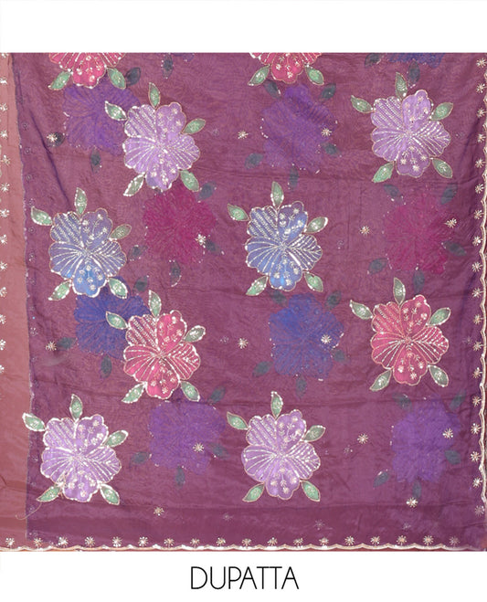 Dark Purple Vichitra Silk Material Chudidar Set, Enthralled with Pom-Pom Necklined Top, a Plain Santoon Bottom, and Paired Scallop Multi-Color Floral Embroidered Organza Dupatta