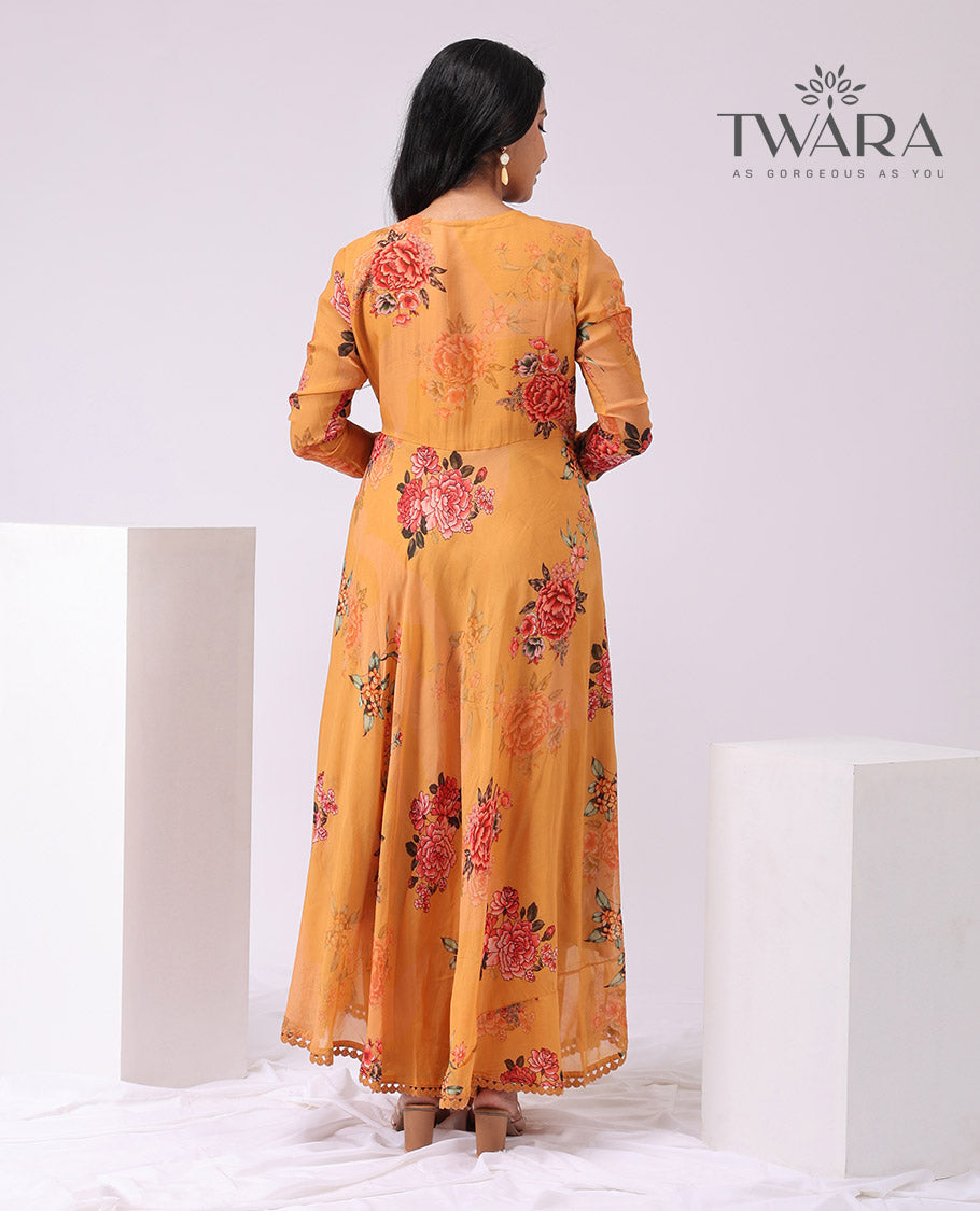 Twara orange floral design v neck, full sleeve, full lenght dress with floral design dupatta