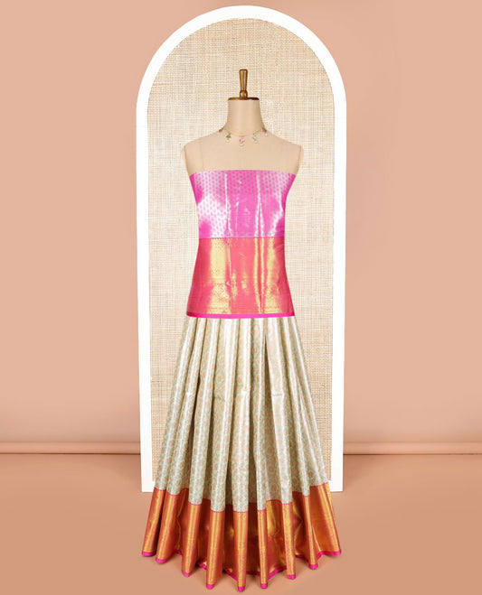 Cream floral jaal design art silk half saree with intricate zari design border, zari design blouse & plain, floral design dhavani