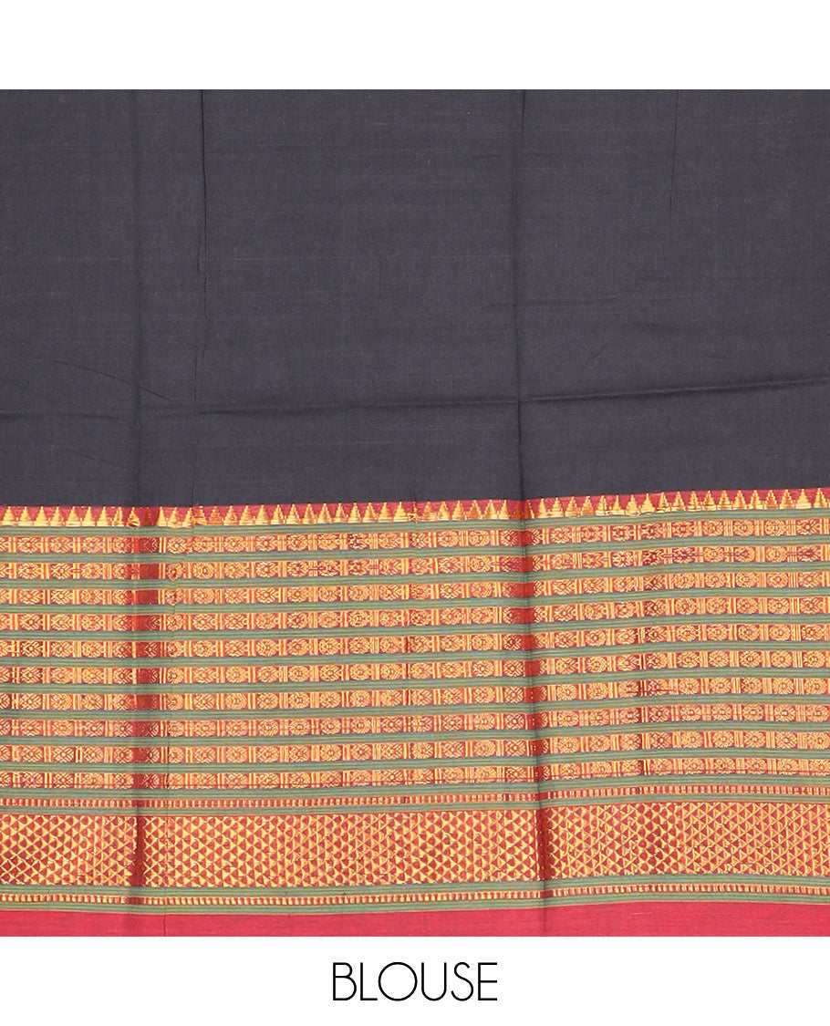 Black cotton half saree with contrast intricate zari design border, zari design blouse & zari design border dhavani