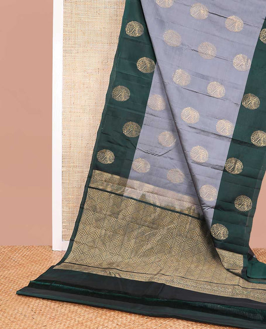 Grey buttas vasundhara elite silk saree with contrast floral designb order & geometric design pallu