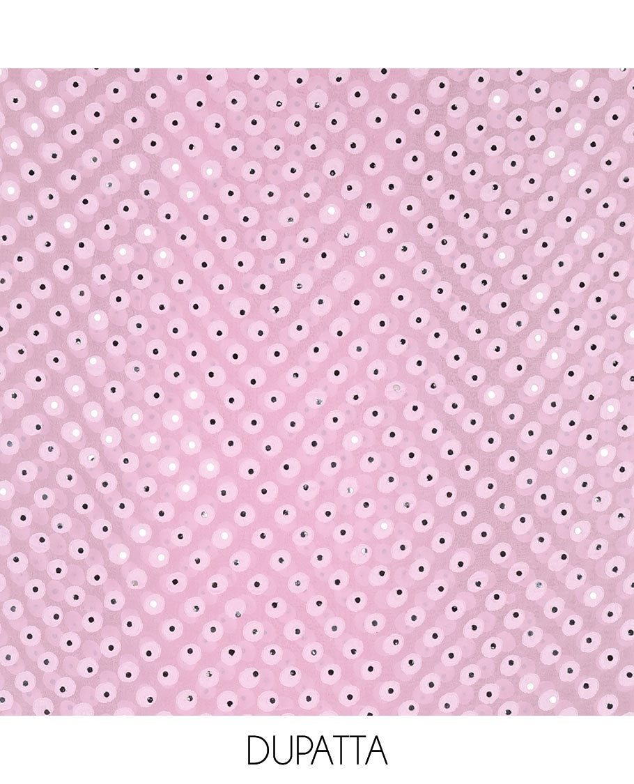 Light Pink material churidar set, stone work with Schiffli style embroidered georgette top, American Crape bottom, and polka dotted printed mirror work dupatta