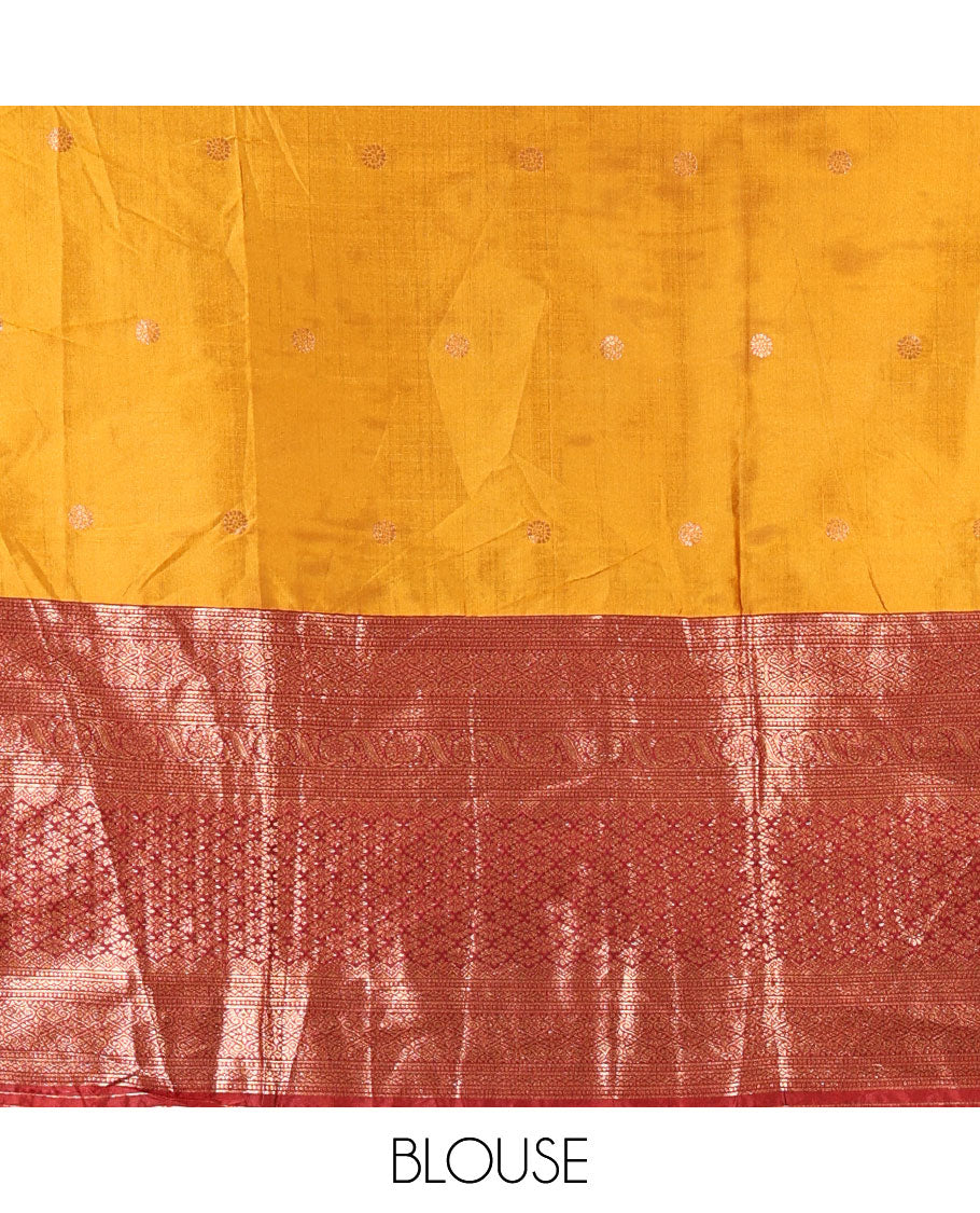 Mustard-maroon taffeta half-saree, zari buttas with contrast traditional zari bordered skirt, a matching blouse, and contrast zari border dhavani with belt