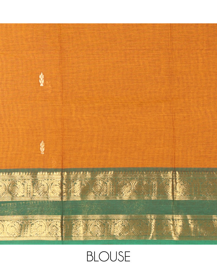 Mustard and Green Chettinad Cotton Half-Saree Featuring Buttas Woven Skirt, Highlighted with a Contrast Rettai Pettu Peacock Motifs Woven Zari Border, a Subtly Woven Matching Blouse, and a Vichitra Silk Contrast Traditional Zari-Bordered Dhavani