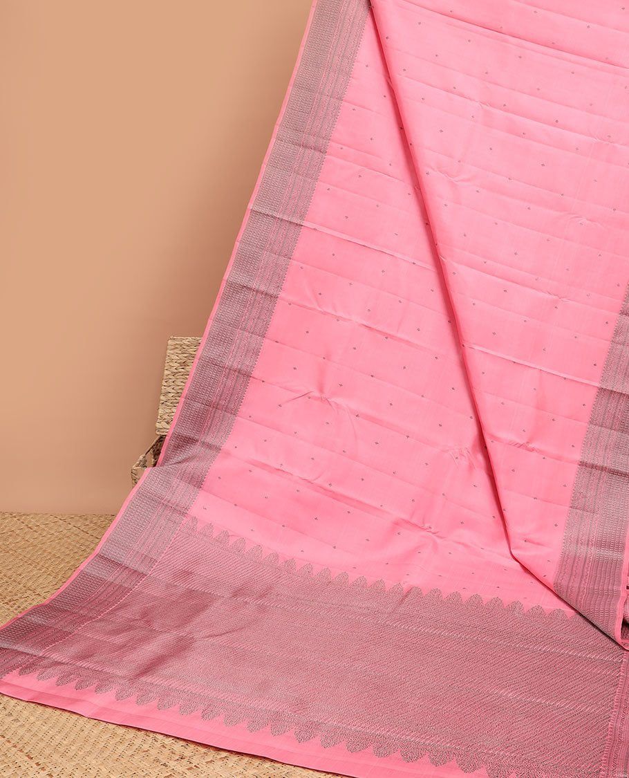 Pink small buttas kancheepuram silk saree with self border of rekku,muthu,kathir, paisley design & zari design pallu