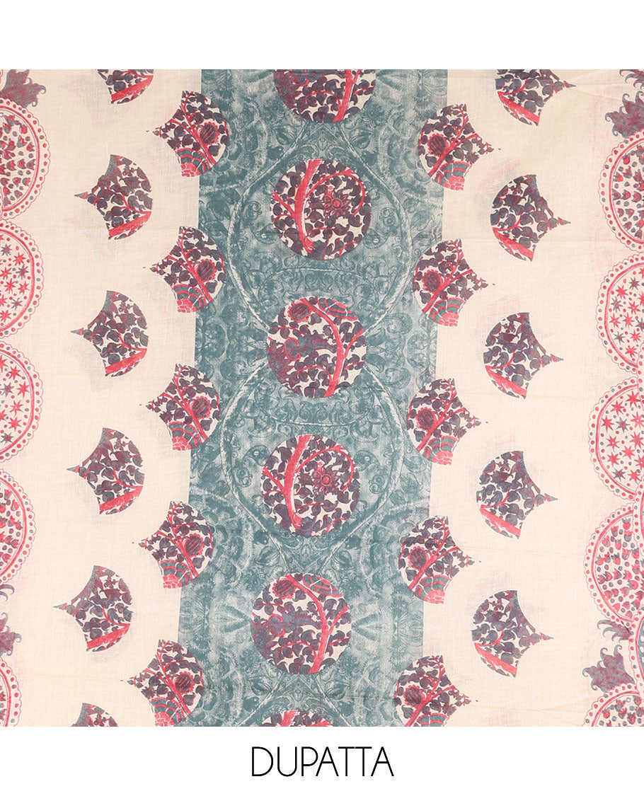 Green pure cotton material chudidar set, floral print with French knot and bead work top, plain cotton bottom, and floral-geometric printed dupatta