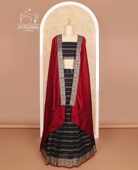 Black with maroon mercerised cotton daman resham border half saree with mercerised cotton blouse & skya georgette one side resam border work