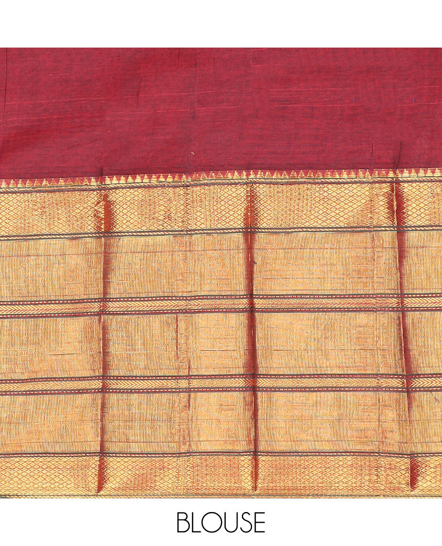 Maroon cotton half saree with geometric design border, zari design blouse & zari design border dhavani
