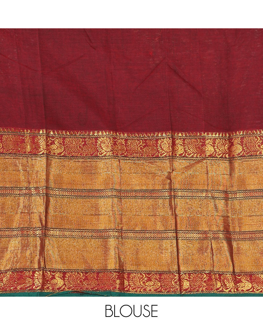 Maroon mercerised cotton zari border half saree with cotton blouse &amp; skya georgette one side zari border dhavani