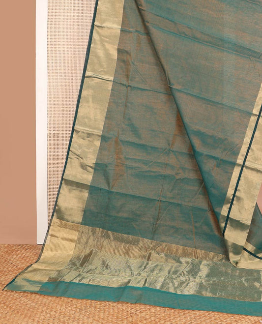 Green chanderi cotton saree with contrast border & striped pallu