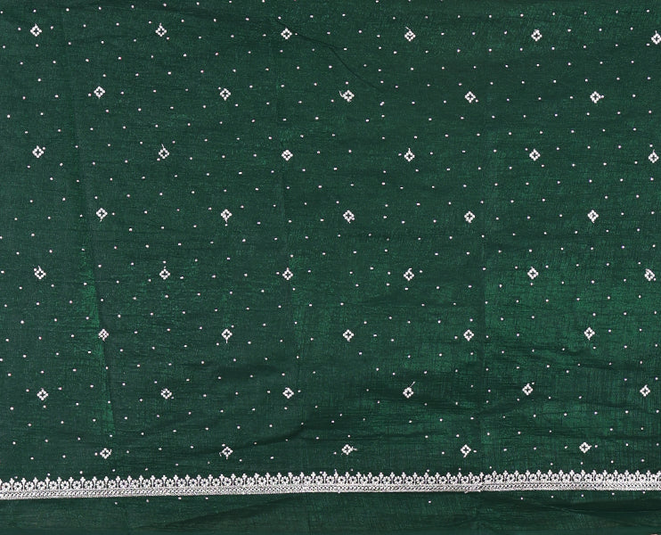 Green half-saree, floral motifs embroidered semi raw silk top, matching embroidered blouse, and contrast scallop embroidered georgette dhavani