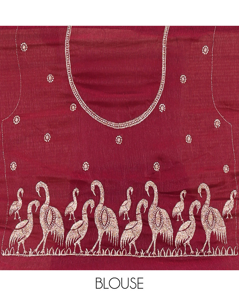Wine Half-Saree Set, Majestically Detailed with Stone Work and Bird Motifs Embroidery on Its Satin Georgette Skirt, Highlighted by Embroidered Border, Paired with a Matching Blouse, and Comes with a Contrast Scallop Stone Work Dupatta