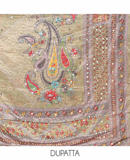 Light mehendi green jacquard ajrak, stone, mirror work crepe chudidhar material top with american crepe pant & chinnon material ajrak digital print , mirror work dupatta