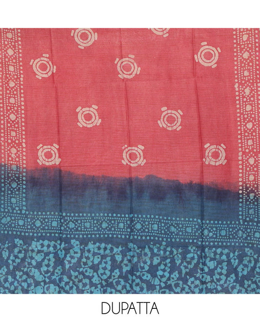 Blue chudidhar material, leaf batik-print bhagalpuri cotton top,contrast batik-print bottom & dual-color printed mul-mul dupatta