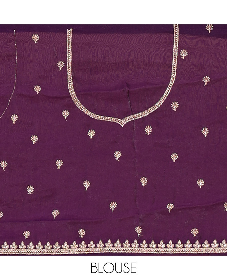 Violet half-saree, buttas and flora-fauna embroidered bordered velvet organza skirt, a matching velvet organza blouse, and a contrast embroidered scallop syska georgette dhavanif