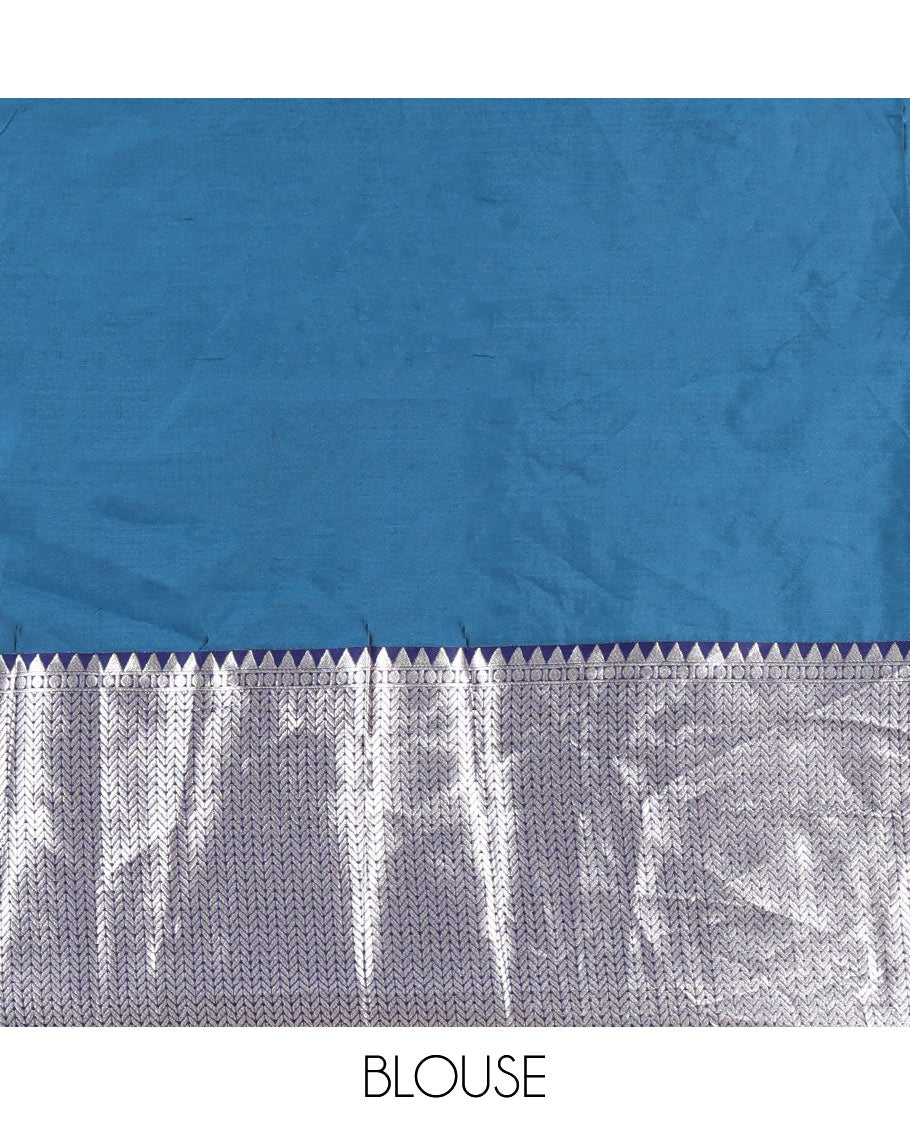 Peacock blue-navy blue taffeta silk half-saree, plain & contrast temple & kathir boder skirt, matching blouse & contrast stonework scallop border syska georgette dhavani
