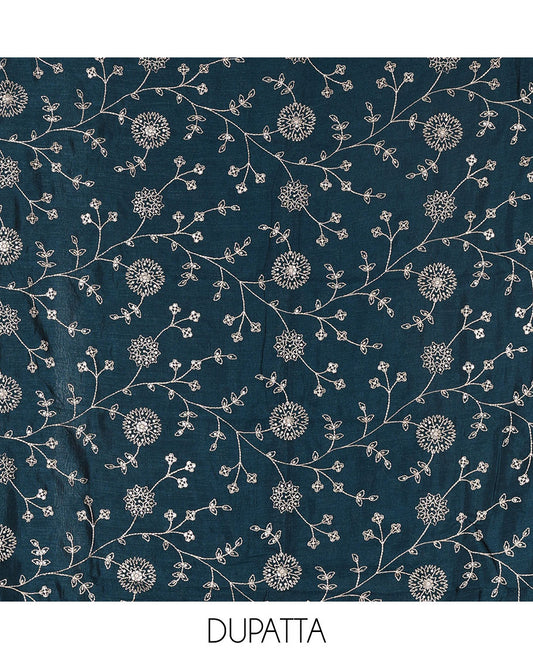 Rust Vichitra silk material churidar set, floral motifs embroidered top, contrast Santoon bottom, and floral vine thread embroidered scallop dupatta