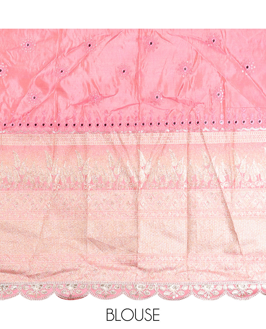Pink floral embroidery, mirror work half saree with zari design blouse & floral embroidery dhavani