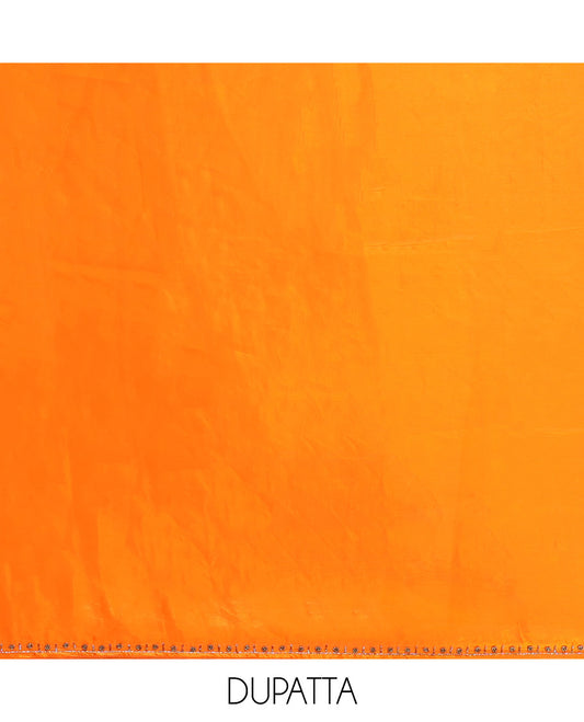 Orange moti handwork velvet organza chudidhar material top with american crepe pant & one side handwork dupatta