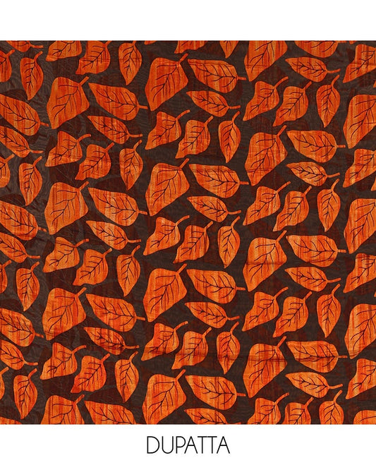 Black and orange material churidar set, neck leaf print with mirror work Vichitra silk top, plain santoon bottom, and leaf printed shimmer georgette dupatta