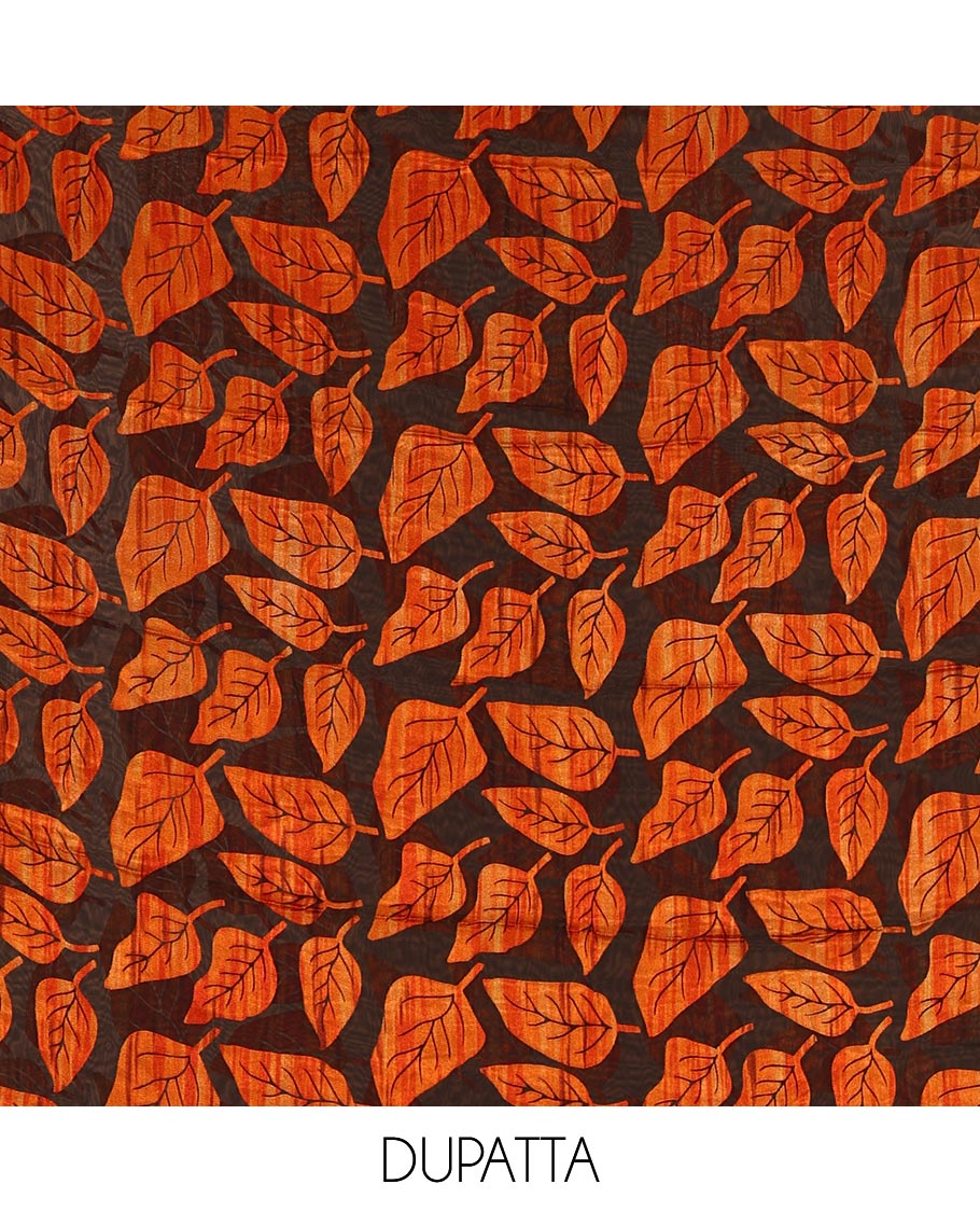 Black and orange material churidar set, neck leaf print with mirror work Vichitra silk top, plain santoon bottom, and leaf printed shimmer georgette dupatta