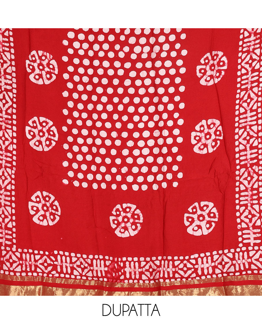 Red maroon material chudidar set, polka dots batik printed modal chanderi top, batik motifs printed bottom, and a batik motifs printed modal chanderi dupatta