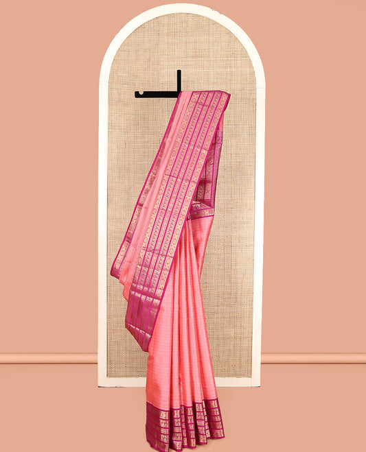 Pink Vasundhara Lite Silk Mix Saree, Steeped with Zari Stripes, a Contrast Traditional Zari Border, Intricate Pallu, and a Contrast Blouse