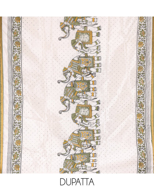 Green Material Churidar Set, Decked Up with Zari Checked Semi-Silk Top, Comes with a Contrast Plain Soft Cotton Bottom, and a Contrast Semi-Silk Dupatta, Pictures a Herd of Elephants