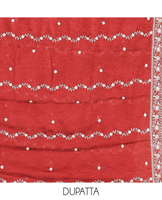 Maroon Vichitra crush material chudidar set, thread & bead floral embroidery top, plain santoon bottom & floral thread embroidery dupatta