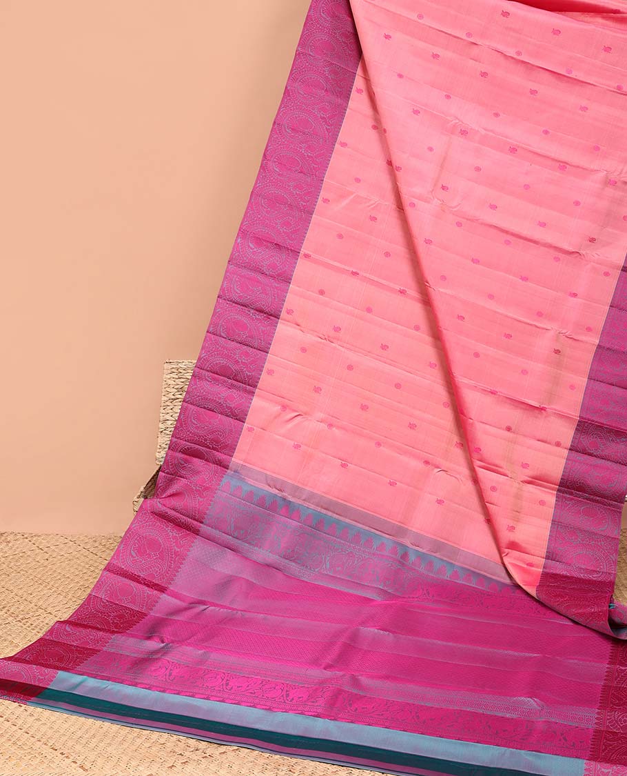 Pink buttas kancheepuram silk saree with contrast intricate zari border & floral, argyle design pallu