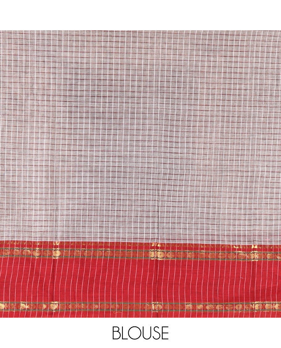 Grey and Red Sungudi Cotton Half-Saree, Elevated with Checked Design with Contrast Traditional Design Rettai Pettu Bordered Skirt, Comes with a Matching Blouse, and Is Paired with a Contrast Dhavani