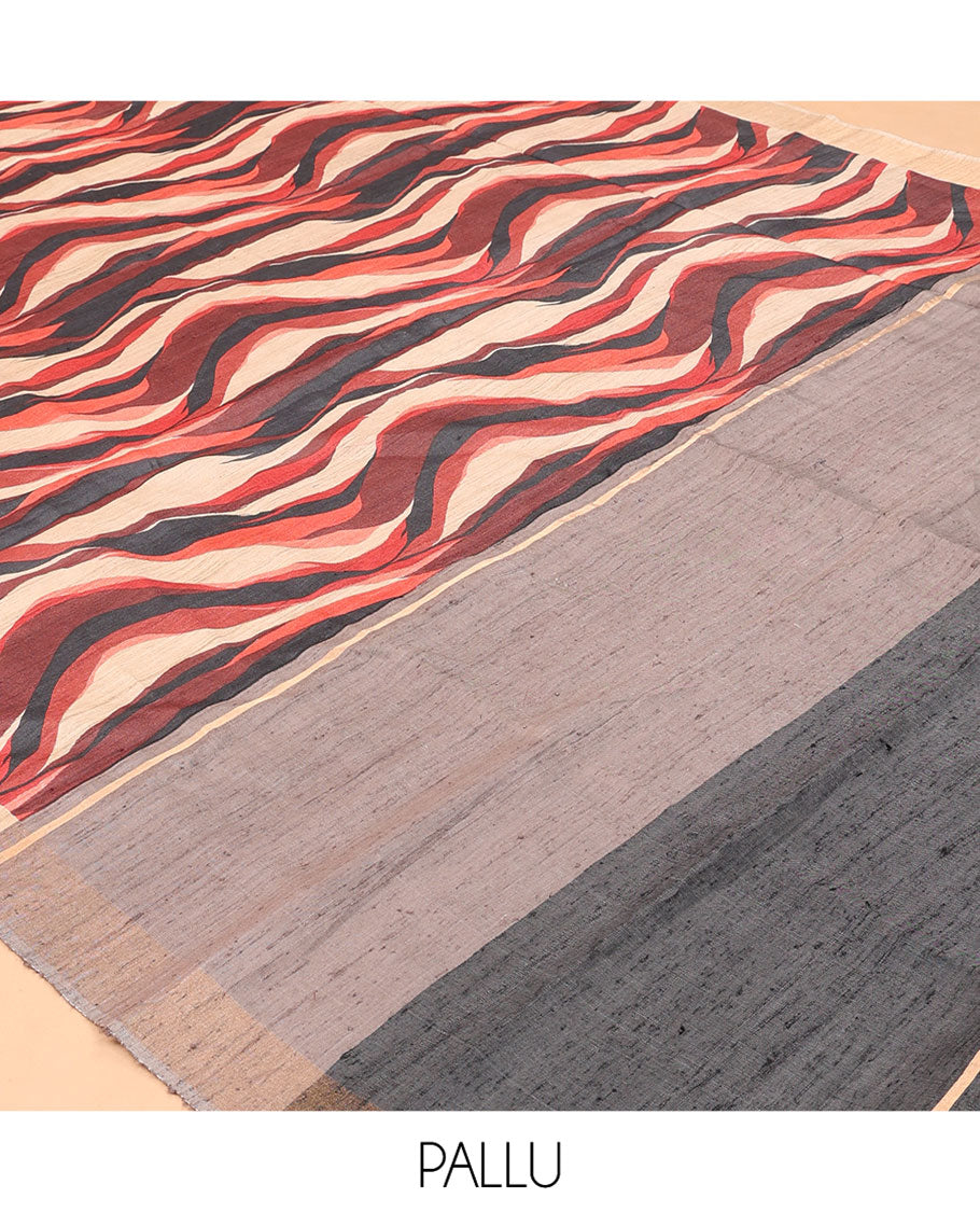 Multi-Color Tussar Silk Saree, Adorned with an Abstract Print, a Subtle Contrast Border, a Dual-Color Pallu, and a Contrast Blouse