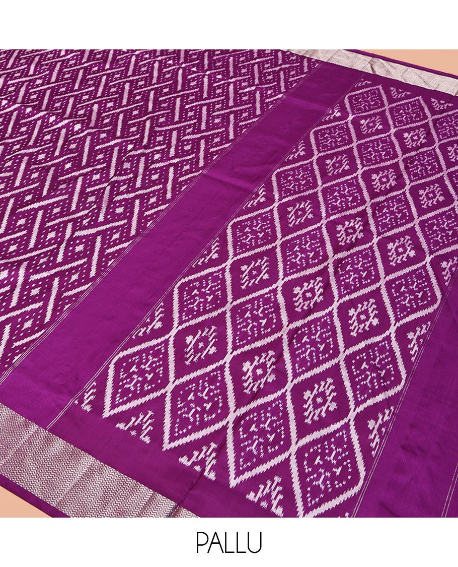 Purple Pochampally Ikat Silk Saree, Accentuated with Ikat Geometric Designs on Its Body, Highlighted by a Zari Chevron Border, Pallu of Ogee Pattern in Ikkat Weave, and Paired with a Matching Blouse