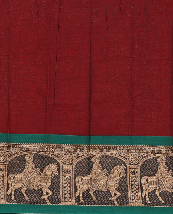 Maroon with green mercedised cotton half-saree, contrast elephant zari border skirt, matching blouse & one side border georgette dhavani