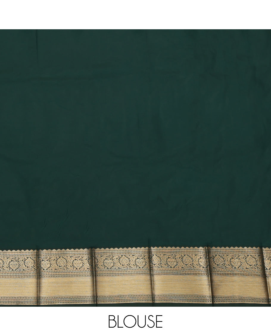 Green Budget Silk Saree, Enthralled with Zari Buttas and Stripes, a Contrast Traditional Zari Border, Grand Pallu, and a Contrast Blouse