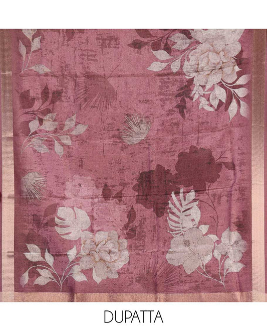 Grey and wine material chudidar set, geometric digital printed with neck embroidered Shimmer tissue top, santoon bottom, and floral printed Shimmer tissue dupatta