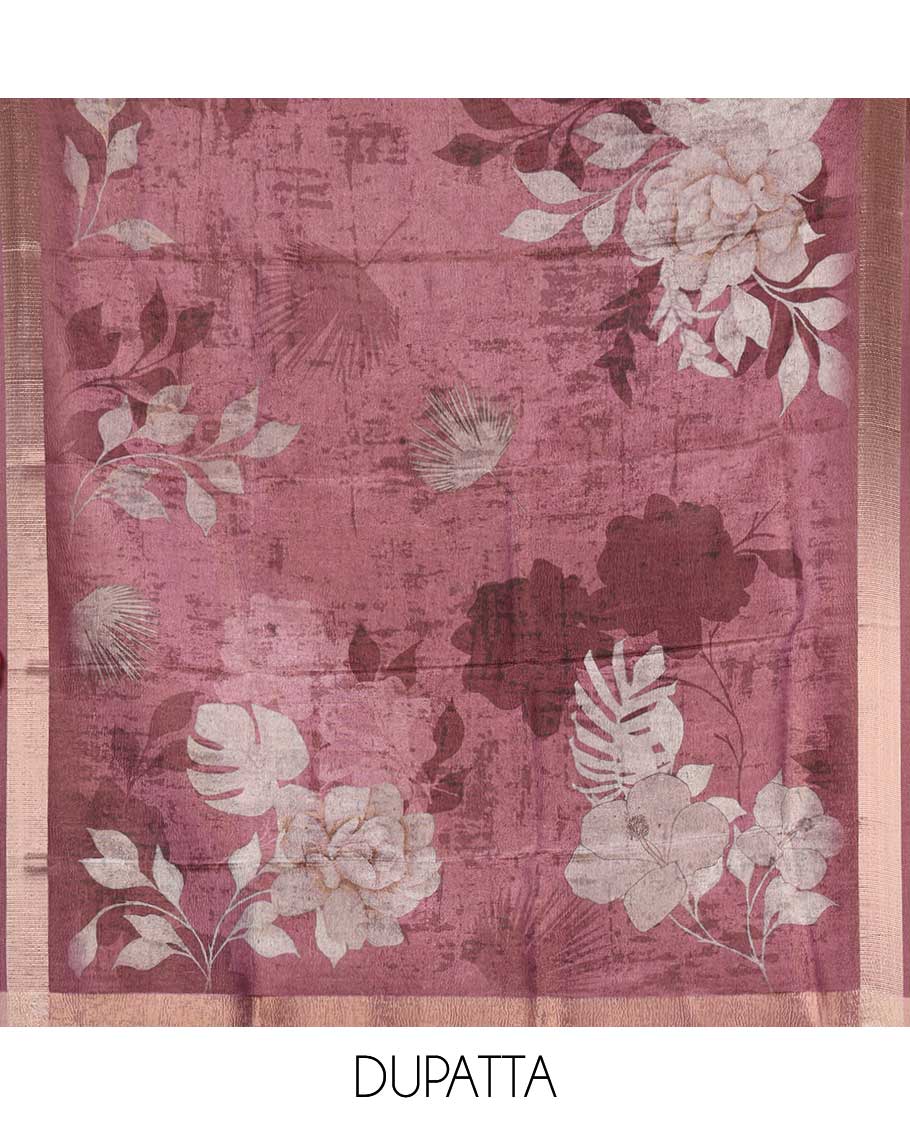 Grey and wine material chudidar set, geometric digital printed with neck embroidered Shimmer tissue top, santoon bottom, and floral printed Shimmer tissue dupatta