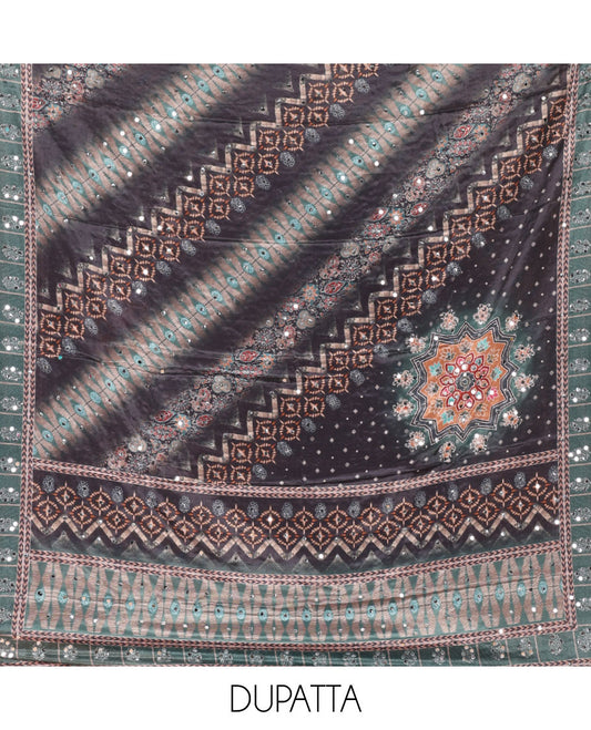 Black & sapphire green material chudidar set, Arjrakh print & mirror work Masakali crepe top,santoon bottom & Arjrakh print & mirrorwork chinon dupatta