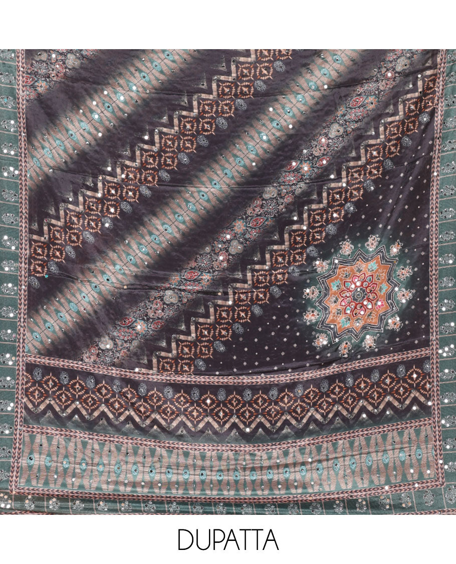 Black & sapphire green material chudidar set, Arjrakh print & mirror work Masakali crepe top,santoon bottom & Arjrakh print & mirrorwork chinon dupatta
