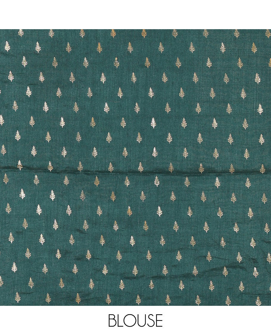 Cream-green Vichitra half-saree, plain and contrast bordered skirt, contrast leaf buttas blouse, dhavani of buttas and floral creeper designs