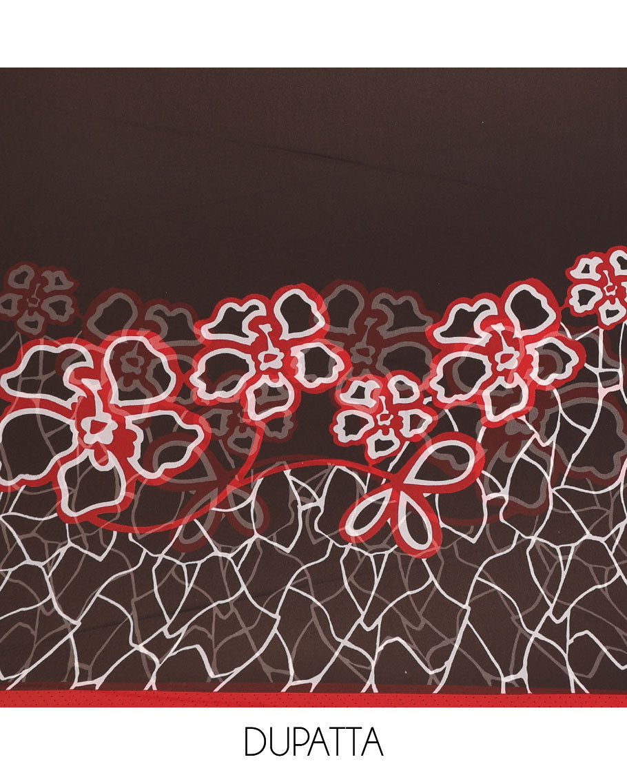 Black and white Italian crepe material churidar set, geometric printed top, plain bottom, and dupatta of floral and geometric print