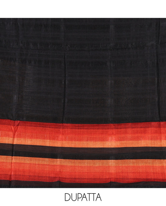 Black material chudidar set, horizontal red ombre striped semi-tussar top, plain santoon bottom & horizontal red ombre striped dupatta with tassels