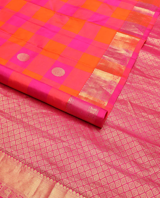 Multicolor checked, buttas kancheepuram silk saree with contrast border of thilakam mokku, muthu, banaras, design & checked floral design pallu