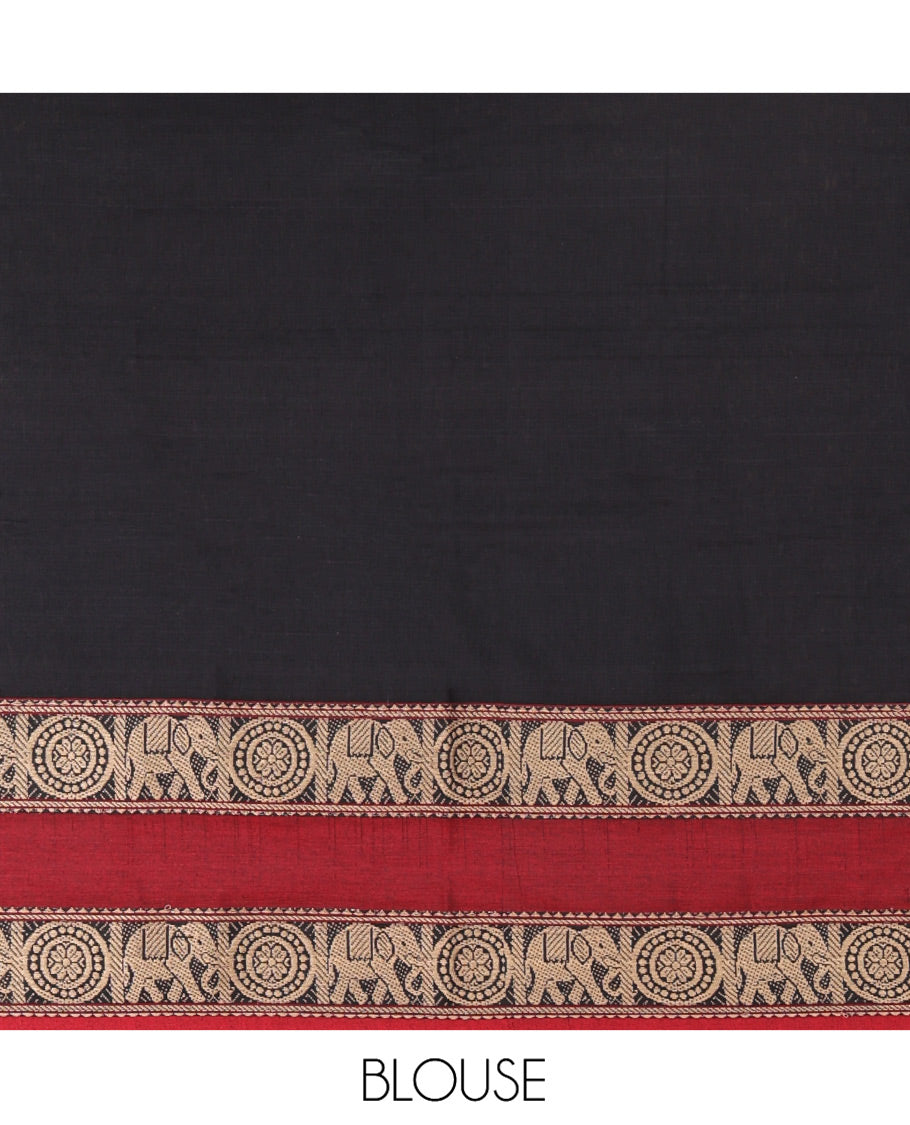 Black-Red Mercerised Cotton Half-Saree Features Plain with Contrast Rettai Pettu Elephant-Chakram Bordered Skirt, Paired with a Matching Blouse, and Comes with a Contrast Elephant-Chakram-Bordered Dhavani