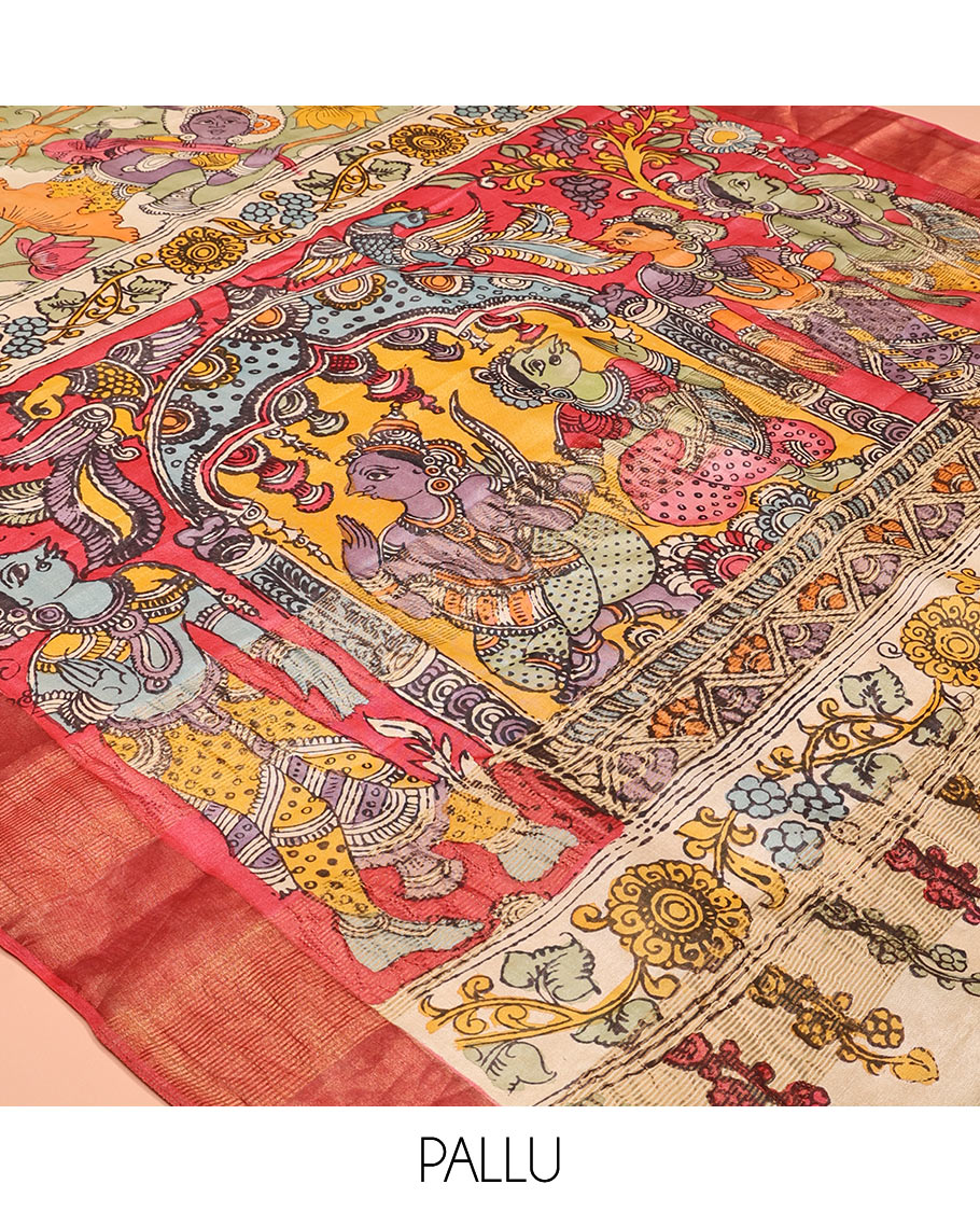 Green Floral-Peacock Pen Kalamkari Silk Saree, a Contrast Border, Human Motifs Pallu, Contrast Blouse
